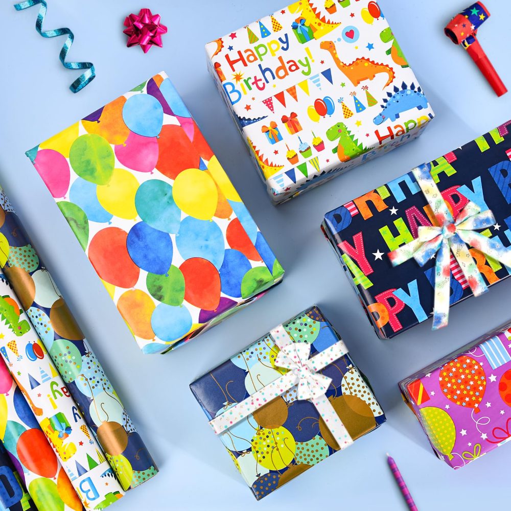 Birthday Wrapping Paper Roll, 5 Rolls 43cm x 3M Gift Wrapping Paper for Boys, Girls, Kids - Perfect for Birthdays, Parties & Graduation - Image 2