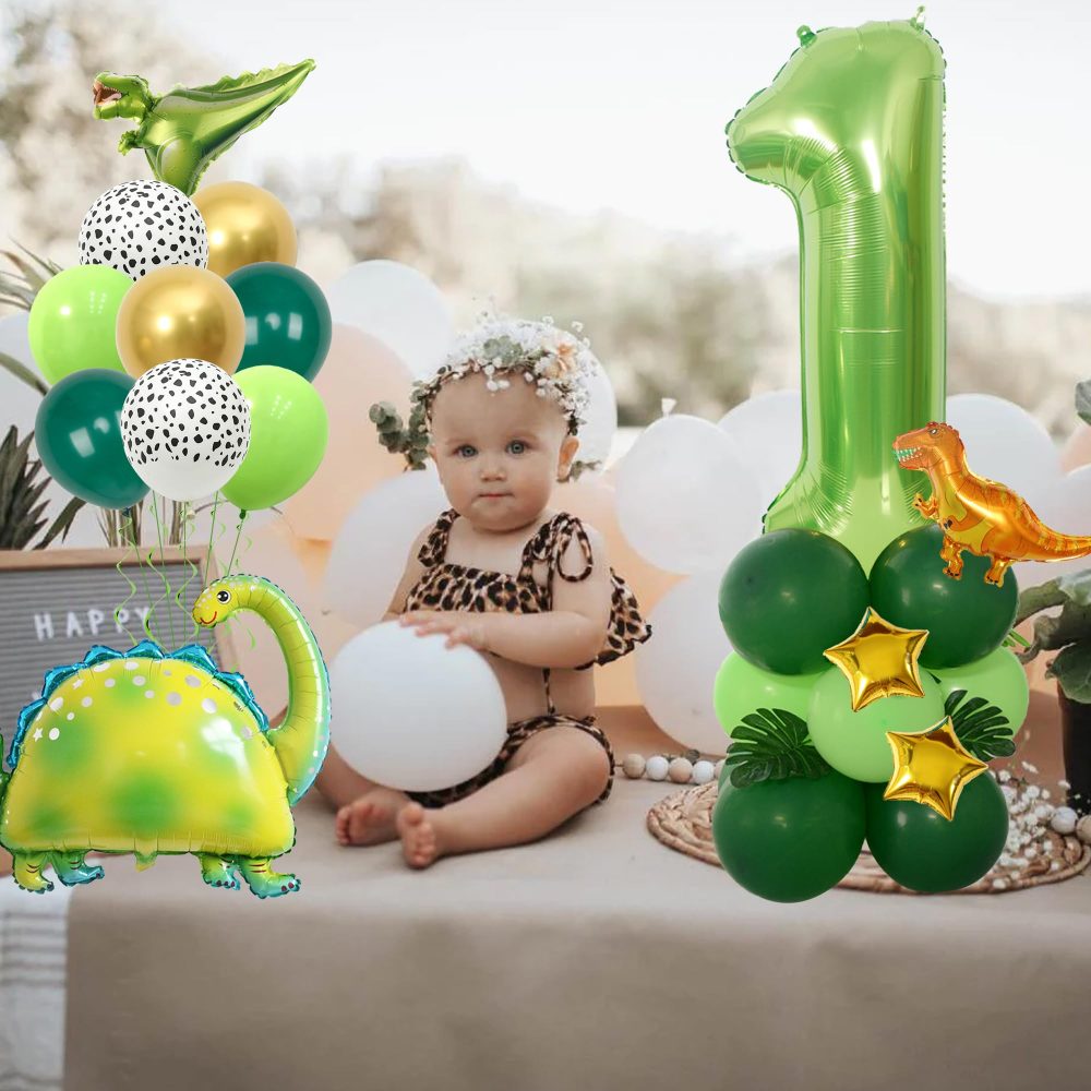 1st Birthday Decorations Dinosaur Balloons - 32 Pieces Dinosaur Birthday Party Decor Dinosaur Foil Balloon Number 1 Star Balloon Green Latex Balloon for Kids Boys Birthday Party Jungle Themed Party - Image 3