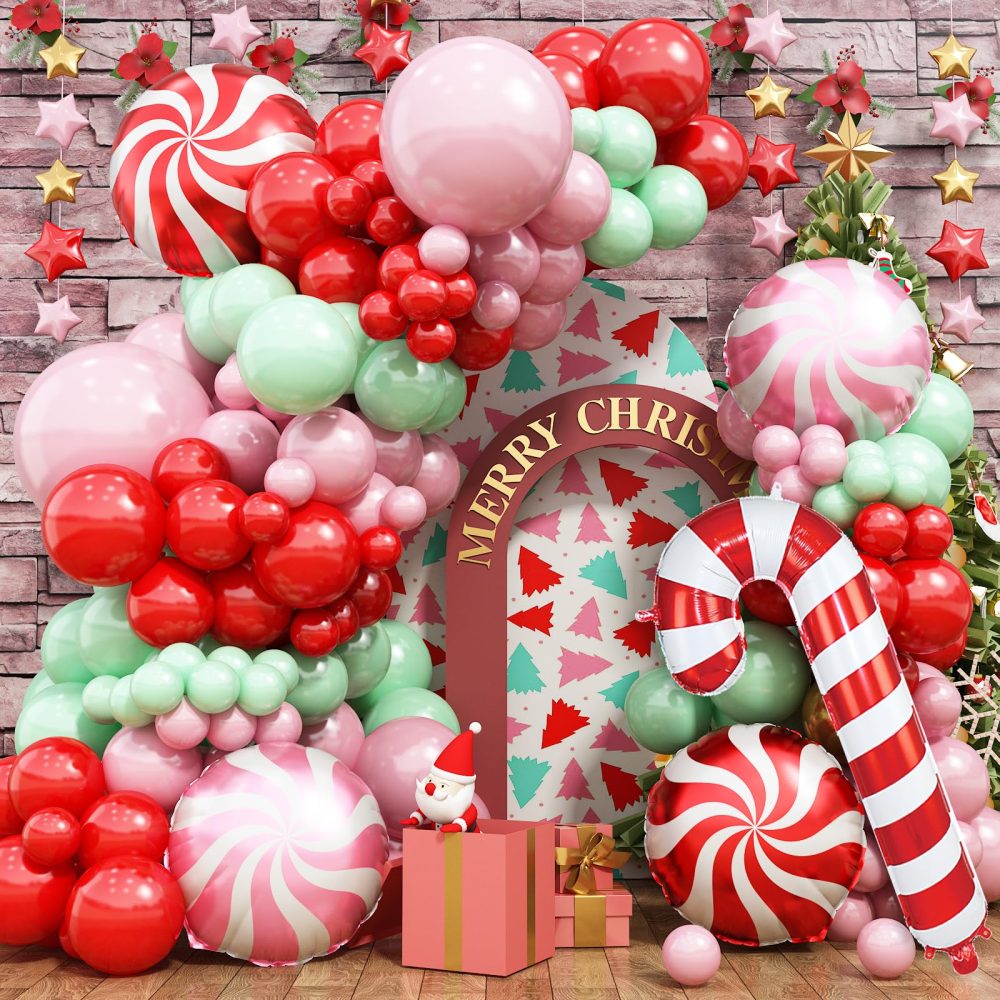 Christmas Balloon Arch Kit, 114 PCS Merry Christmas Decorations Pink Red Green Balloons with Pink Red Windmill Cane Foil Balloons, Baby Pink Mint Green Balloons for Xmas Merry Christmas Party Supplies