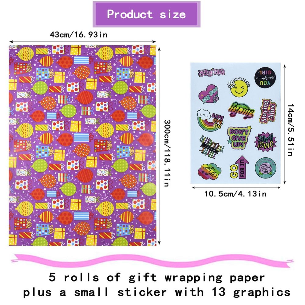 5 Roll Package Gift Wrapping Paper, 43cm * 3m Birthday Wrapping Paper, Birthday Wrapping Paper Roll, Perfect for Birthday,Wedding, Party, Valentine's Day Gift Decorations - Image 5