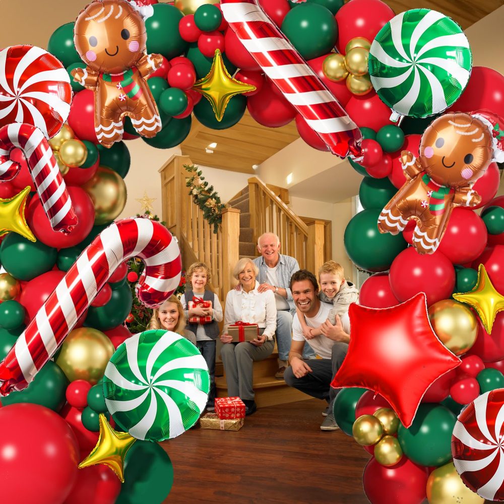 Christmas Balloon Arch Kit Red Green Gold Latex Balloons Garland Large Gingerbread Man Red Green Windmill Mini Crutch Foil Balloons with Four/Five Pointed Star for Xmas New Year Party Decortaion - Image 3