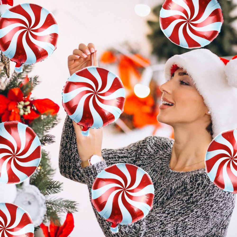 Christmas Foil Balloons, 9 Pieces 18 Inch Red Christmas Candy Round Swirl Mylar Foil Balloons with Ribbon, Large Xmas Candy Helium Balloons for New Year Holiday Candy Theme Birthday Party Decorations - Image 7