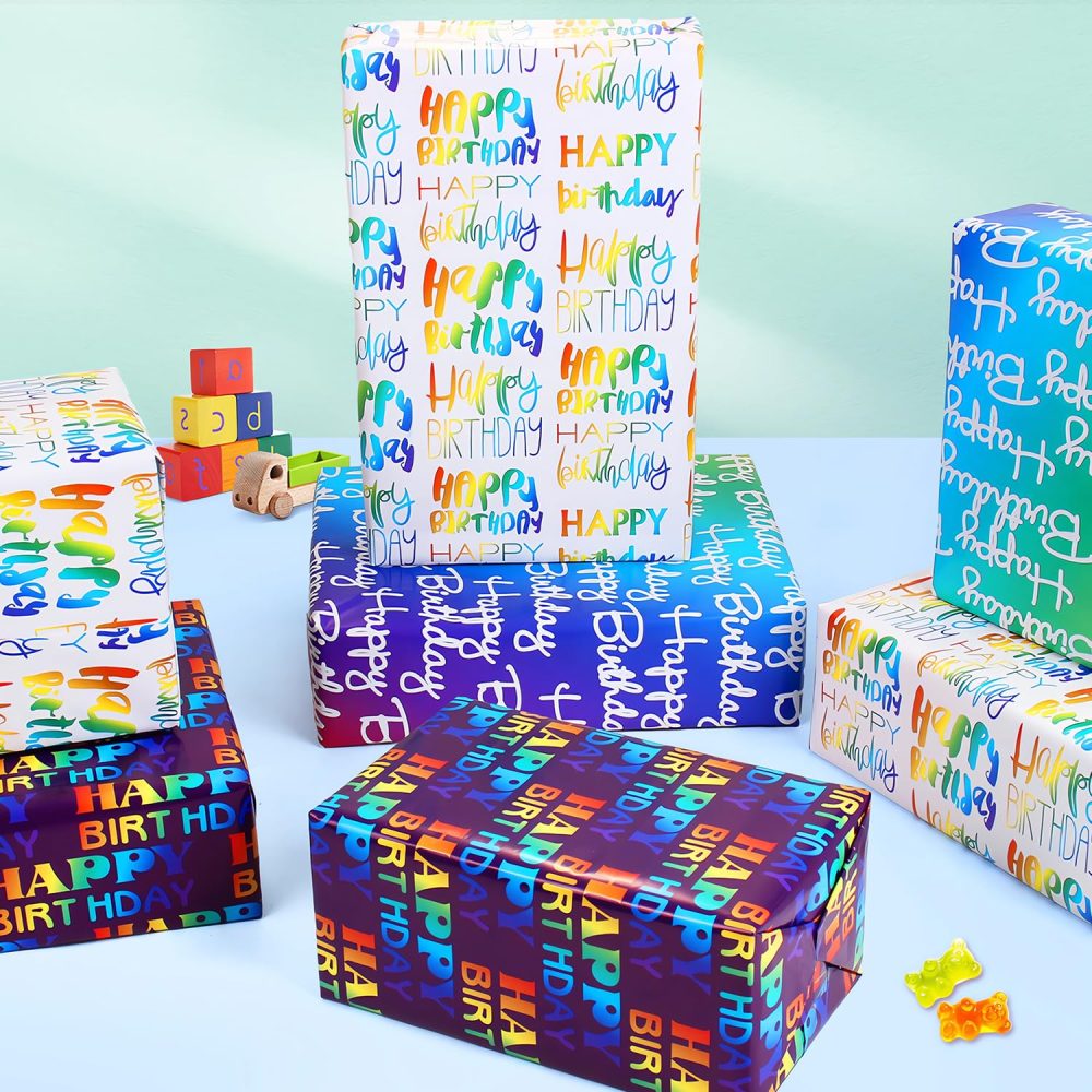 Wrapping Paper Birthday with Gradient Multi Color Happy Birthday Text Design,Birthday Wrapping Paper,6 Gift Wrapping Paper Sheet+Tags+Ribbon,Birthday Gift Wrap Birthday Paper for Boy Men Girl Women - Image 4