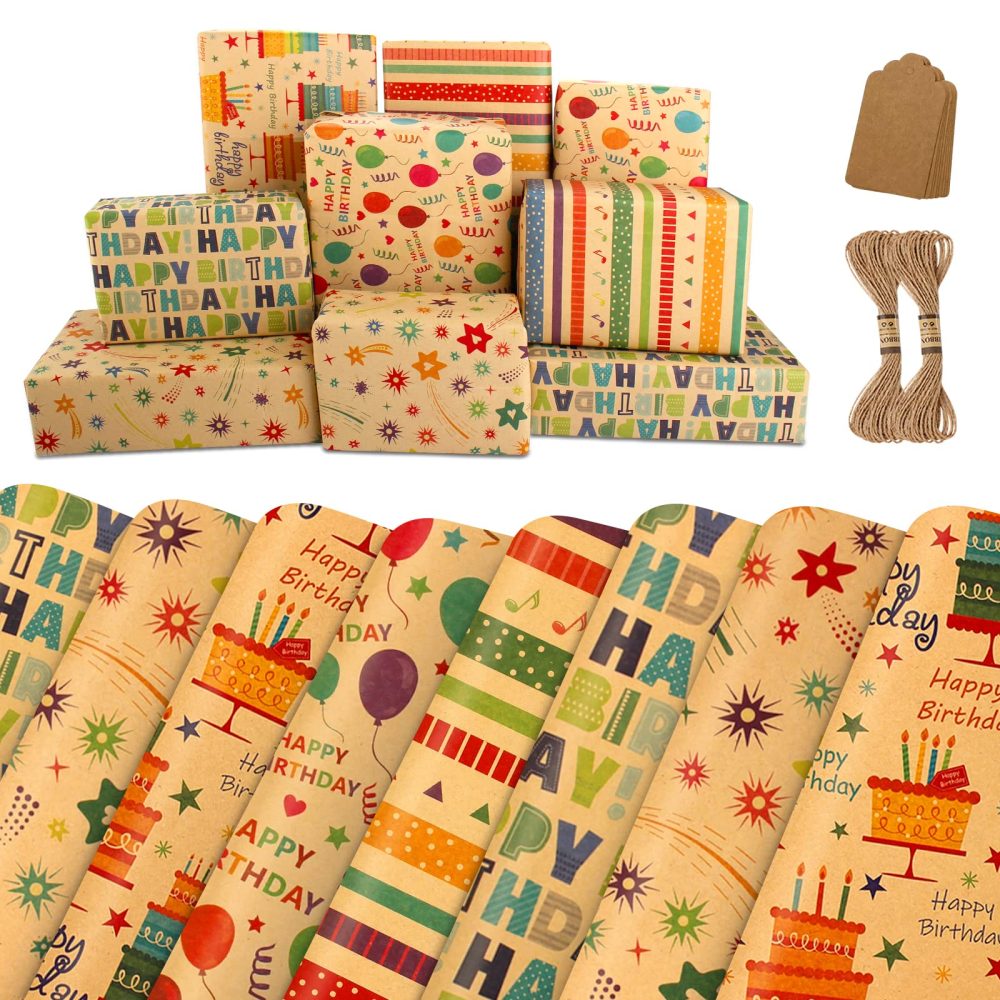 Wrapping Paper Birthday Wrapping Paper Sheets-Recyclable Birthday Gift Wrap Set with Tag String-Eco Gift Wrapping Paper Kraft Present Wrapping Paper Birhtday Paper Birthday Wrap for Men Women Girl Boy - Image 2