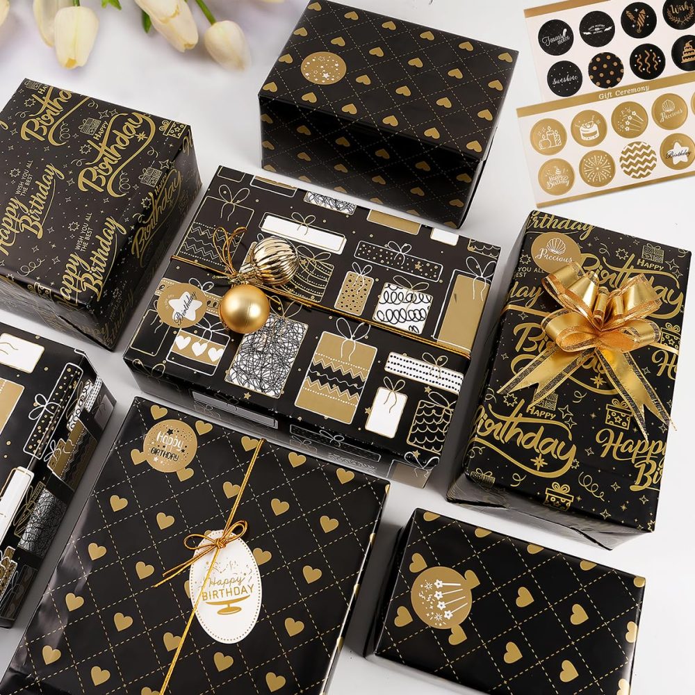 Gift Wrapping Paper, 6 Sheets Wrapping Paper with Stickers, Black Gold Wrapping Paper with Hearts Happy Birthday Gift Bag Pattern Gift Wrapping for Birthday Graduation Baby Shower, 70x50CM - Image 7