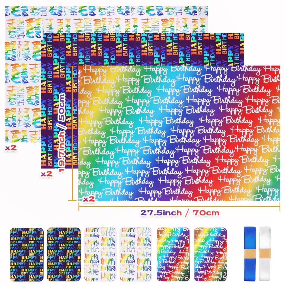 Wrapping Paper Birthday with Gradient Multi Color Happy Birthday Text Design,Birthday Wrapping Paper,6 Gift Wrapping Paper Sheet+Tags+Ribbon,Birthday Gift Wrap Birthday Paper for Boy Men Girl Women - Image 7