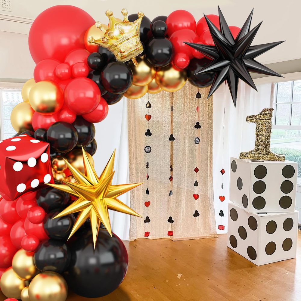 Red Black and Gold Balloons Arch Kit, Casino Theme Balloon Garland with Black Gold Starburst Crown Dice Foil Balloons for Women Men Casino Las Vegas Game Night Poker Theme Birthday Party Decor - Image 4