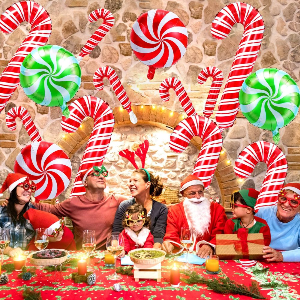 HOWAF Christmas Foil Balloons, 15Pcs Large Candy Cane Balloons Red Green Christmas Round Swirl Candy Foil Balloons Xmas Candy Helium Balloons for Candies Theme Birthday Party Christmas Decorations - Image 4