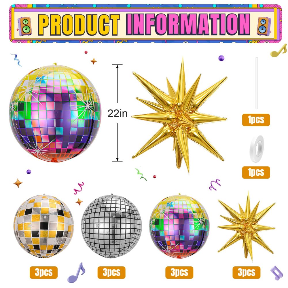 12Pcs Disco Ball Balloons,22Inch 4D Large Foil Disco Balloons with Gold Explosion Star Balloons for Birthday Bachelorette 70s 80s 90s Disco Theme Party Decorations - Image 7