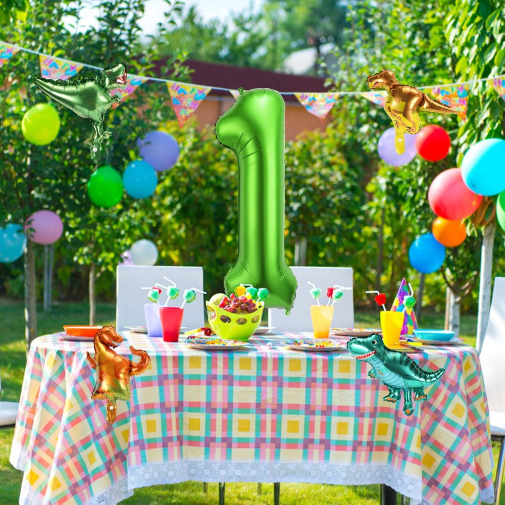 40 Inch Number Balloon with 4 Cute Dinosaur Balloons, Aluminum Foil Large Numeral Balloons Green Dino Balloons Set for Boys Girls Jungle Themed Birthday Party Decoration Supplies (Number 1) - Image 2