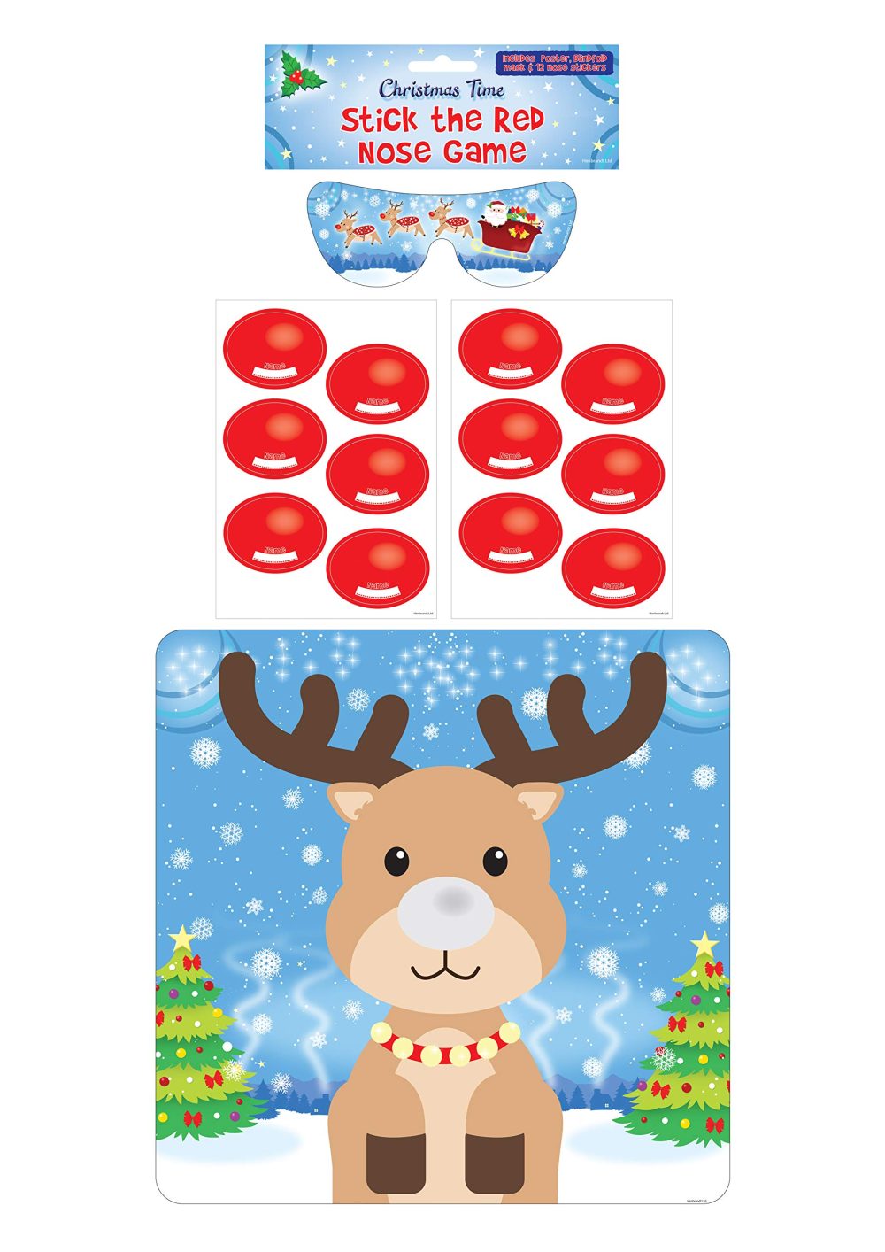 HENBRANDT 1 x Stick the Red Nose on the Reindeer 14pcs Christmas Party Game Rudolph Xmas Family Festive Games Christmas Stocking Filler Party Fillers Activity Game for Boys and Girls