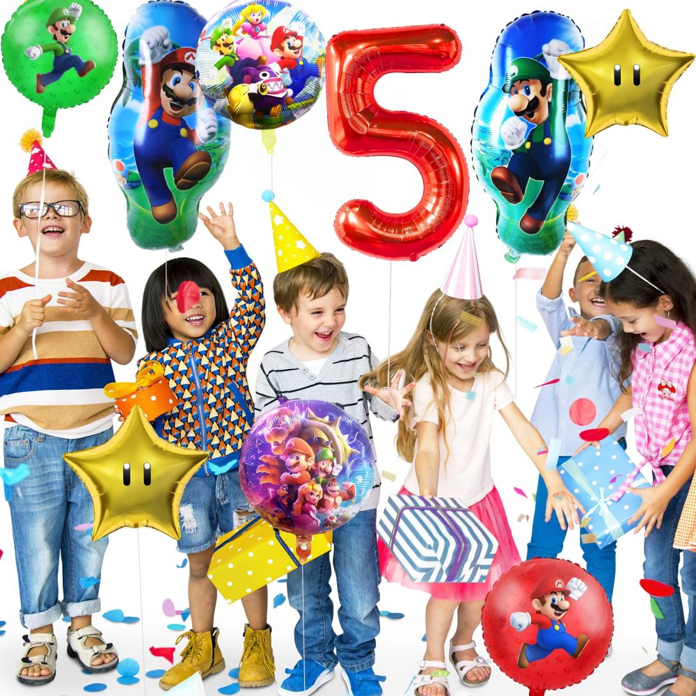 9 PCS Ma-rio Foil Balloons, 5th Birthday Party Decorations, Super Ma-rio Party Decorations Include Number 5 Foil Balloon, Star Balloons, Round Balloons for Kids Birthday Party - Image 6