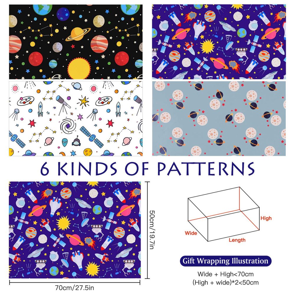 PLULON 6 Sheets Gift Wrapping Paper Birthday, Boys Outer Space Design Wrapping Paper for Kids Present Birthday Party and Baby Shower (Outer space/6 sheets) - Image 7