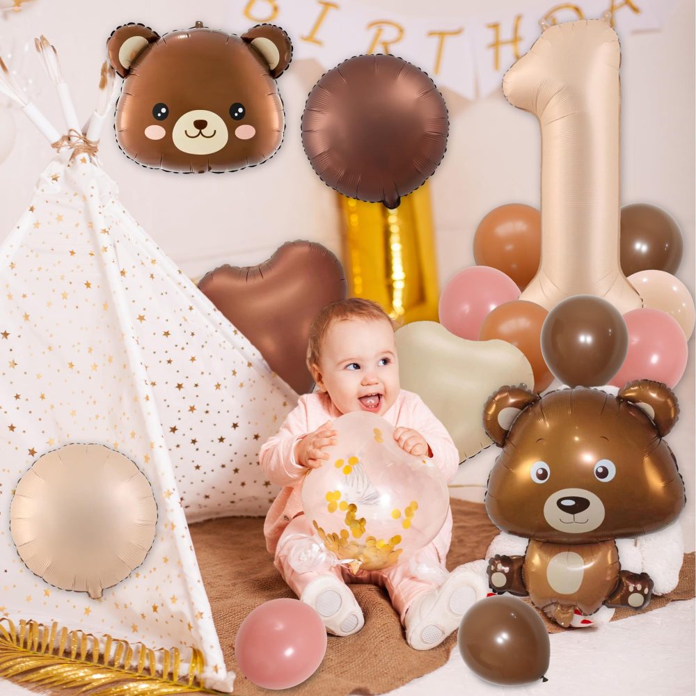Brown Bear 1st Birthday Decorations - Bear Theme Party Decoration with Number 1 Foil Balloon, Brown Bear Balloon, Brown Bear Head, Latex Balloons, for Boys and Girls Baby Shower First Birthday - Image 3