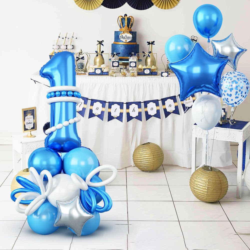 Number 1 Balloons Set, 40 Inch Blue 1 balloon with Star Foil Balloons Long Balloons Blue White Silver Balloons DIY One Balloon Stand for Boys 1st Birthday Party Baby Shower Decorations - Image 2