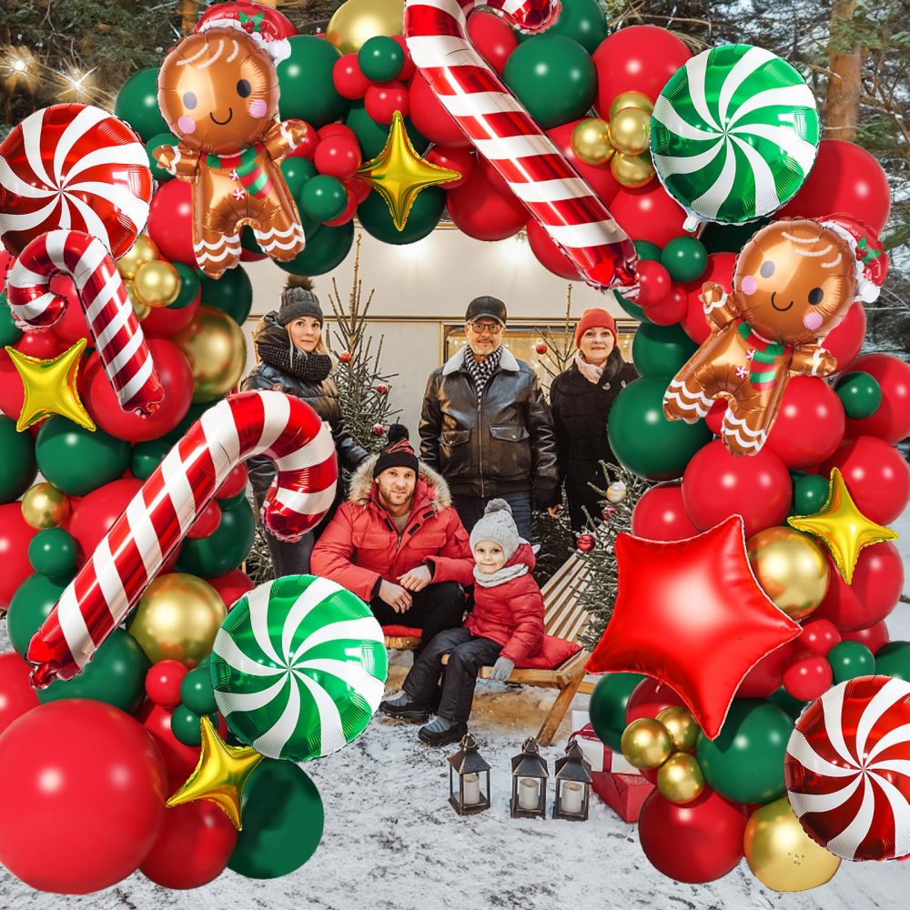 Christmas Balloon Arch Kit Red Green Gold Latex Balloons Garland Large Gingerbread Man Red Green Windmill Mini Crutch Foil Balloons with Four/Five Pointed Star for Xmas New Year Party Decortaion - Image 4