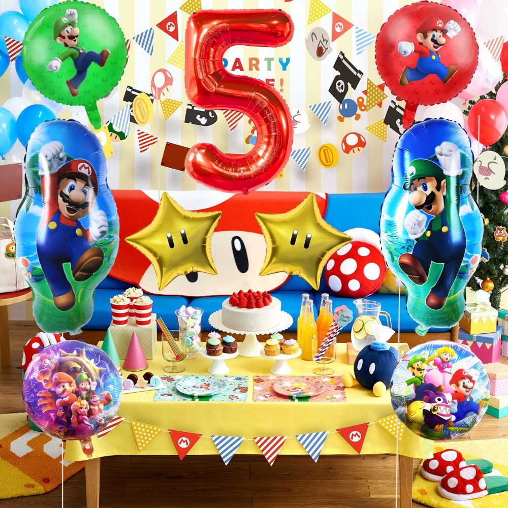 9 PCS Ma-rio Foil Balloons, 5th Birthday Party Decorations, Super Ma-rio Party Decorations Include Number 5 Foil Balloon, Star Balloons, Round Balloons for Kids Birthday Party - Image 5