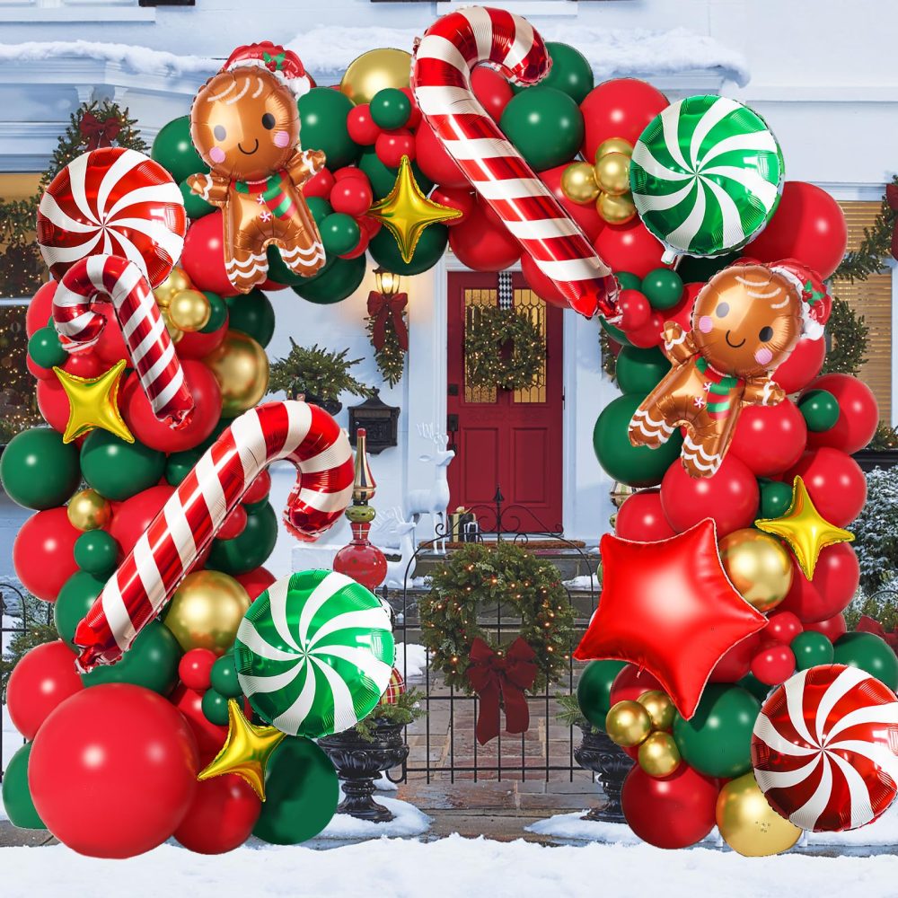 Christmas Balloon Arch Kit Red Green Gold Latex Balloons Garland Large Gingerbread Man Red Green Windmill Mini Crutch Foil Balloons with Four/Five Pointed Star for Xmas New Year Party Decortaion - Image 5