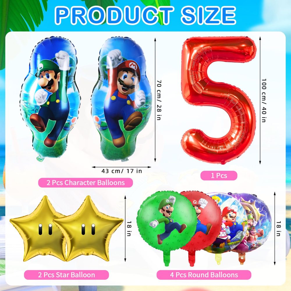 9 PCS Ma-rio Foil Balloons, 5th Birthday Party Decorations, Super Ma-rio Party Decorations Include Number 5 Foil Balloon, Star Balloons, Round Balloons for Kids Birthday Party - Image 4