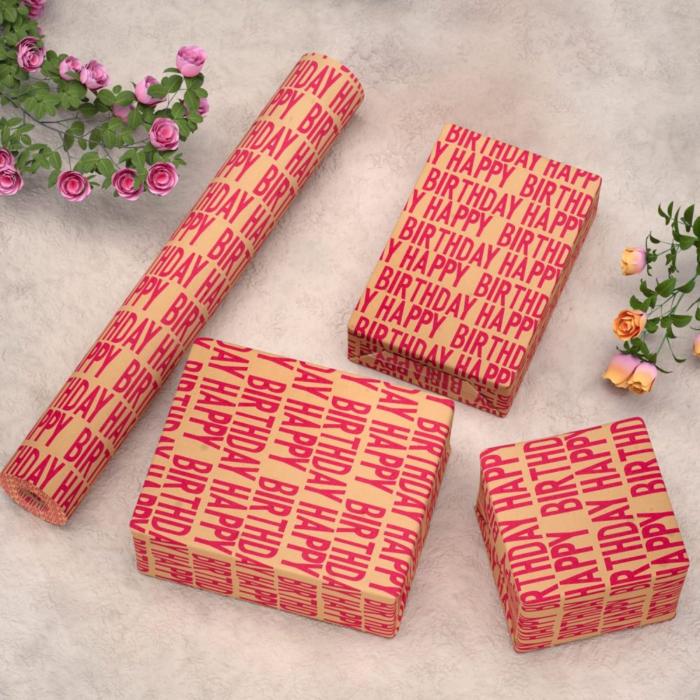 HBell Birthday Wrapping Paper Roll,15m Red Happy Birthday Wrapping Paper,Recyclable Kraft Gift Wrapping Paper with Tape Paper Rope for Boy Gilrs Men Women Birthday Decorations - Image 7