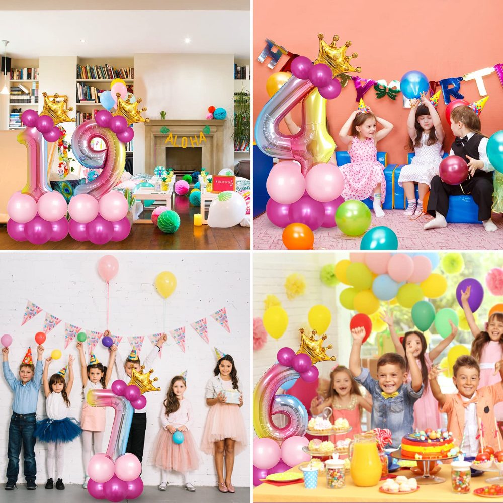 Unisun 32 inch Number Foil Balloons Set, Rainbow Gradient Helium Number 1 Balloon Tower with Crown and 13Pcs Latex Balloons for Princess Prince Birthday Party Anniversary Decorations - Image 4