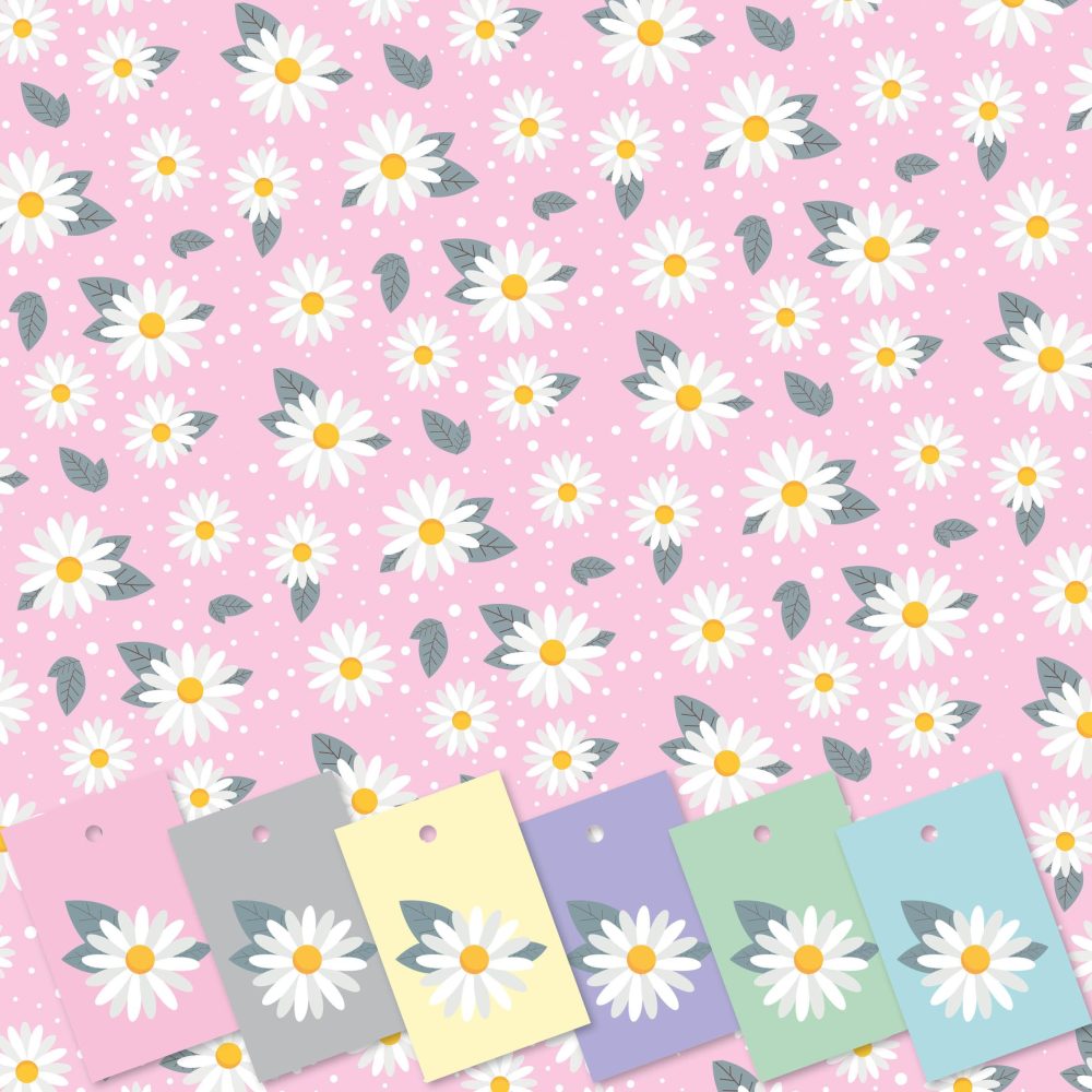 Daisy Gift Wrapping Paper. 5 Sheets of Pink Gift Wrap with 6 different coloured Tags. XL Sheet size (50 x 70cm). Cutting grid on reverse.