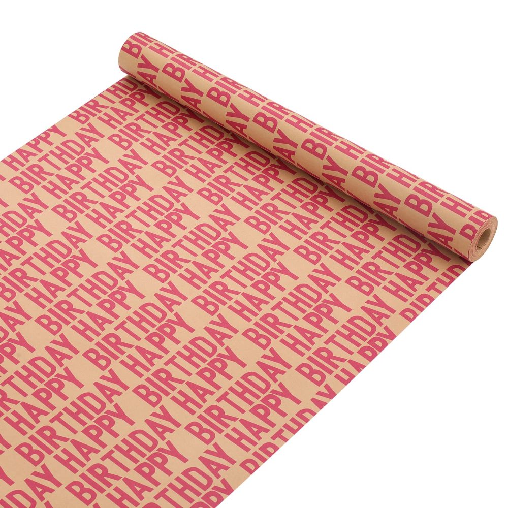 HBell Birthday Wrapping Paper Roll,15m Red Happy Birthday Wrapping Paper,Recyclable Kraft Gift Wrapping Paper with Tape Paper Rope for Boy Gilrs Men Women Birthday Decorations