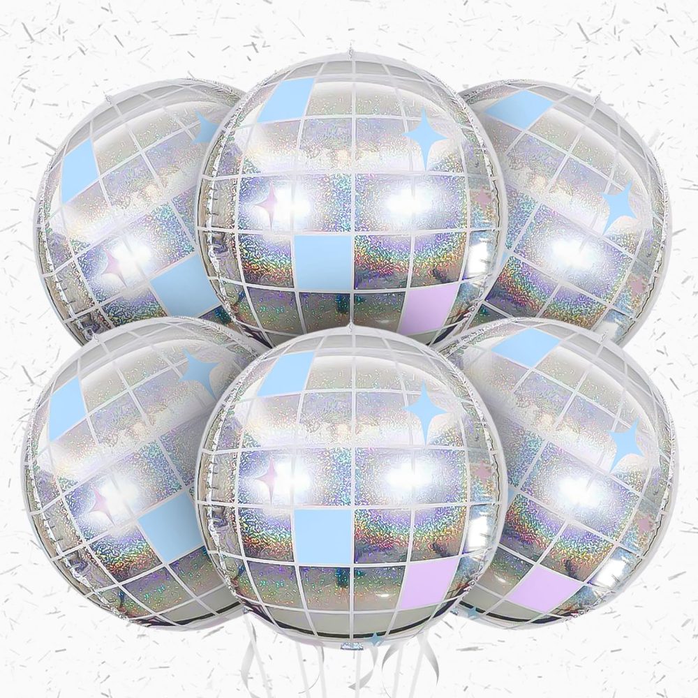 6Pcs Disco Ball Balloons Iridescent,22Inch Glitter Silver 4D Large Aluminum Foil Disco Balloons for Birthday Bachelorette 70s 80s 90s Disco Theme Party Decorations