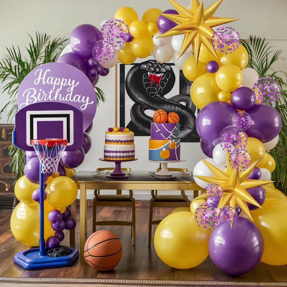 Purple and Yellow Balloon Arch Kit, 108 Pcs Yellow and Purple Arch Kit with Dark Metallic Purple Confetti Latex Balloons Star Foil for Boys Sport Theme Basketball Birthday Graduation Party Decorations - Image 4