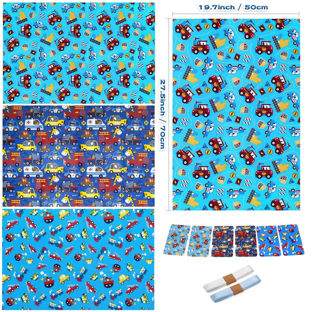 Wrapping Paper for Kids Boys Birthday Wrapping Paper Sheets with Police Car Fire Trucks Crane Ambulance Giraffe Elephant Gift Wrapping Paper Children Birthday Gift Wrap Set Birthday Paper, Tag Ribbion - Image 6
