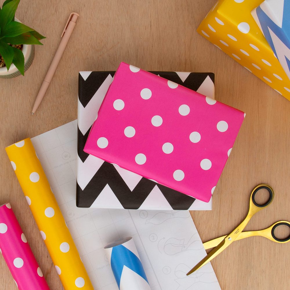 Hallmark Wrapping Paper, Roll Wrap, Pack of 6, 4 Colours, Pink, Yellow, Blue, Black, Polka Dot and Zig Zags, 2M Each - Image 7