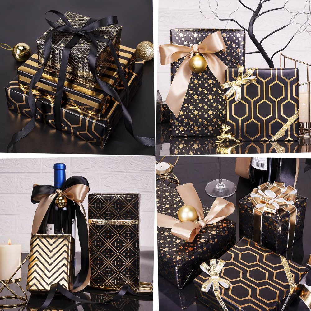 Larcenciel Wrapping Paper, Black and Gold Birthday Wrapping Paper w/Bow & Sticker, 6 Foil Design Gift Wrap Set, Luxury Gift Wrapping Paper Sheet for Birthday, Christmas, Anniversary, New Year, 70x50cm - Image 6