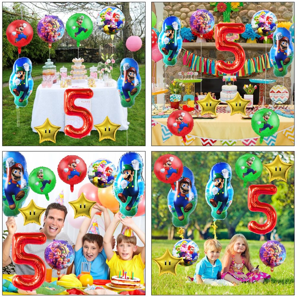 9 PCS Ma-rio Foil Balloons, 5th Birthday Party Decorations, Super Ma-rio Party Decorations Include Number 5 Foil Balloon, Star Balloons, Round Balloons for Kids Birthday Party - Image 2
