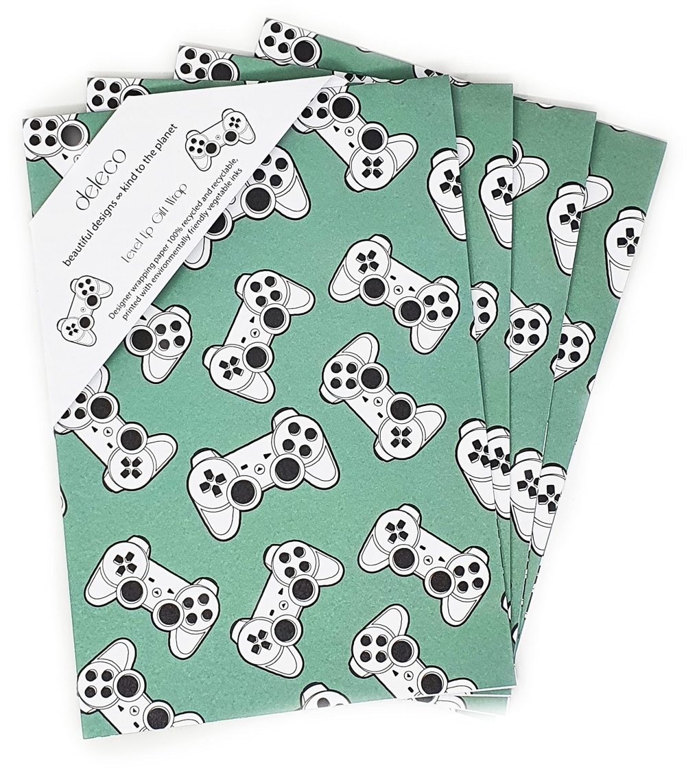 4 x Computer Gaming Wrapping Paper Sheets - Premium Recyclable Green Video Game Controller Gift Wrap for Birthday Boys and Girls | Made in the UK - Image 3
