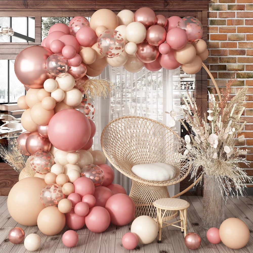 Boho Balloon Arch Pink Beige Balloon Garland Kit, 108 Packs Dusty Pink Blush Nude Cream Balloon and Metallic Rose Gold Confetti Balloons for Baby Shower Girl Birthday Wedding Decorations Suppliers