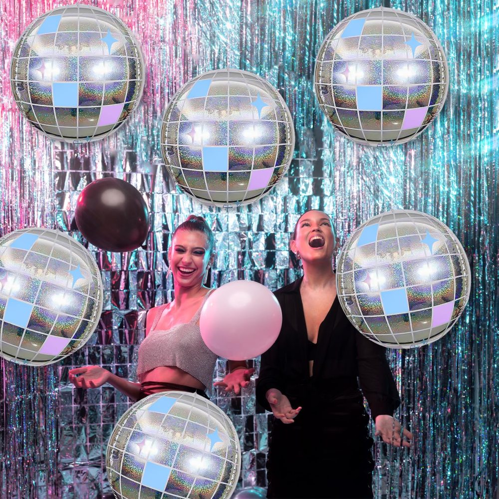 6Pcs Disco Ball Balloons Iridescent,22Inch Glitter Silver 4D Large Aluminum Foil Disco Balloons for Birthday Bachelorette 70s 80s 90s Disco Theme Party Decorations - Image 6