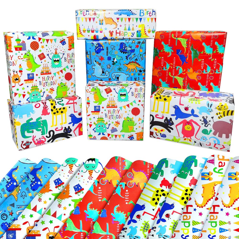 Kids Birthday Wrapping Paper for Boys Dinosaur Wrapping Paper Sheets-Animals Gift Wrapping Paper Birthday Gift Wrap for Boys,Girls,Childrens,Baby Boys Wrapping Paper-Eco Happy Birthday Gift Wrap Paper