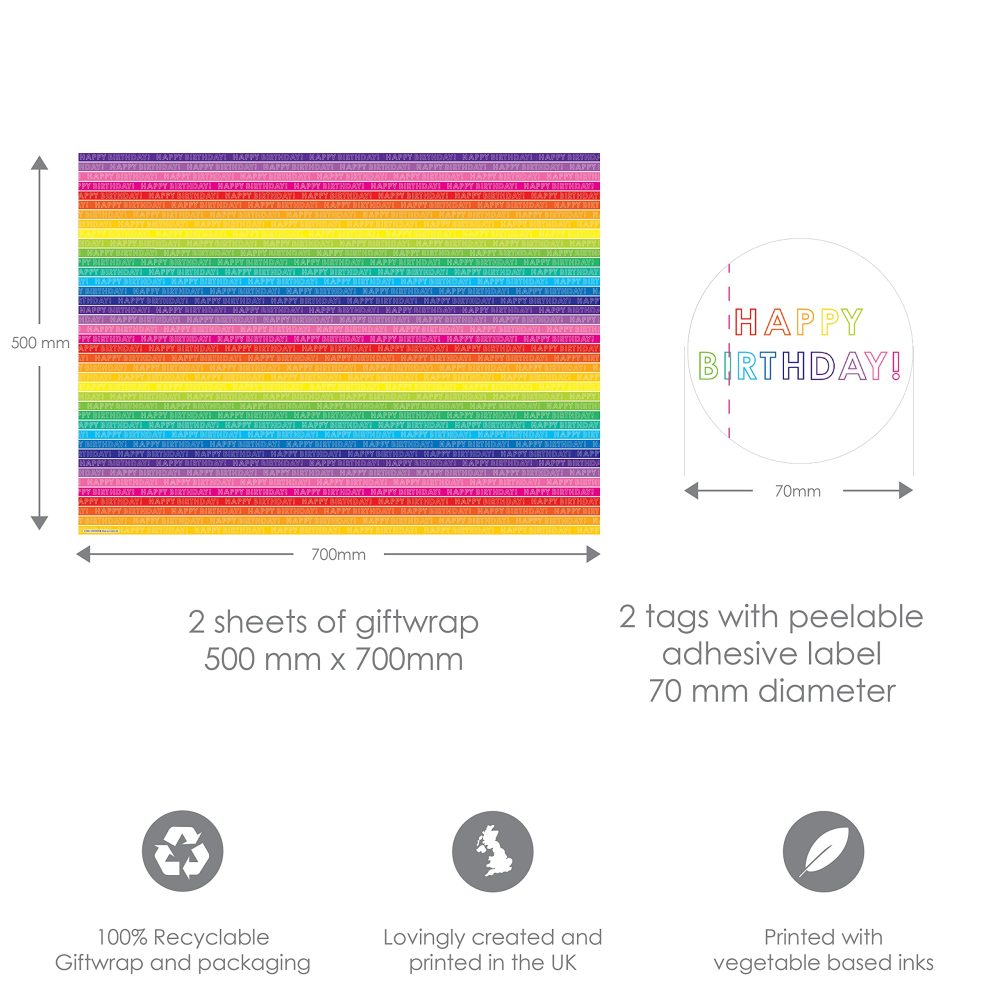 Abacus Cards – Rainbow Stripe Wrapping Paper – 2 Sheets & 2 Tags - Plastic Free & Fully Recyclable - Image 4