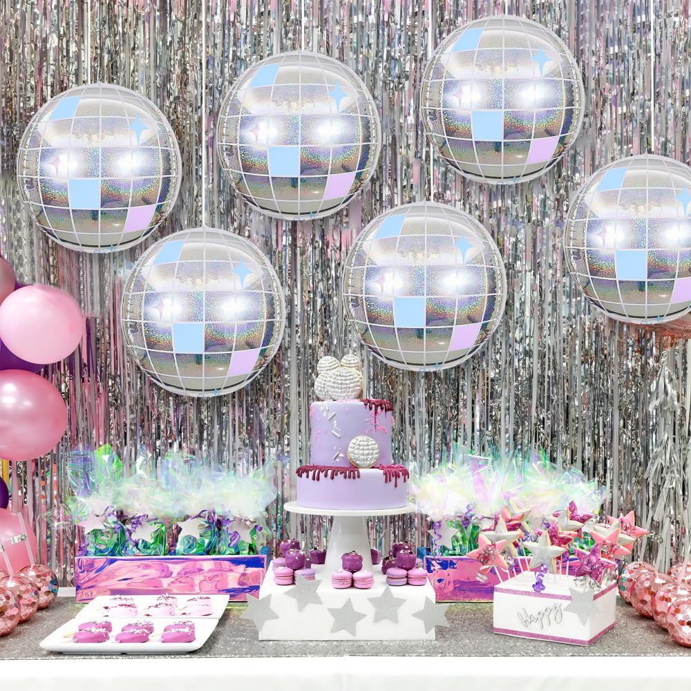 6Pcs Disco Ball Balloons Iridescent,22Inch Glitter Silver 4D Large Aluminum Foil Disco Balloons for Birthday Bachelorette 70s 80s 90s Disco Theme Party Decorations - Image 3