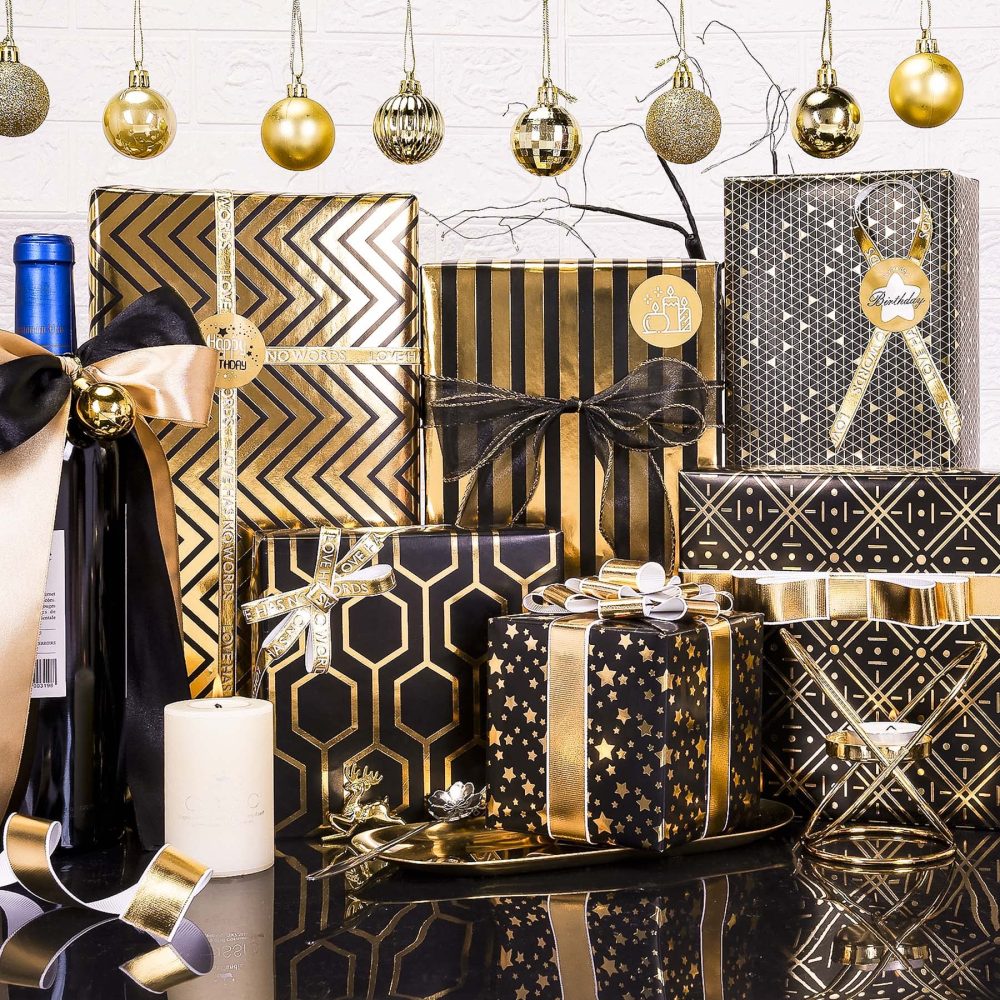Larcenciel Wrapping Paper, Black and Gold Birthday Wrapping Paper w/Bow & Sticker, 6 Foil Design Gift Wrap Set, Luxury Gift Wrapping Paper Sheet for Birthday, Christmas, Anniversary, New Year, 70x50cm - Image 4