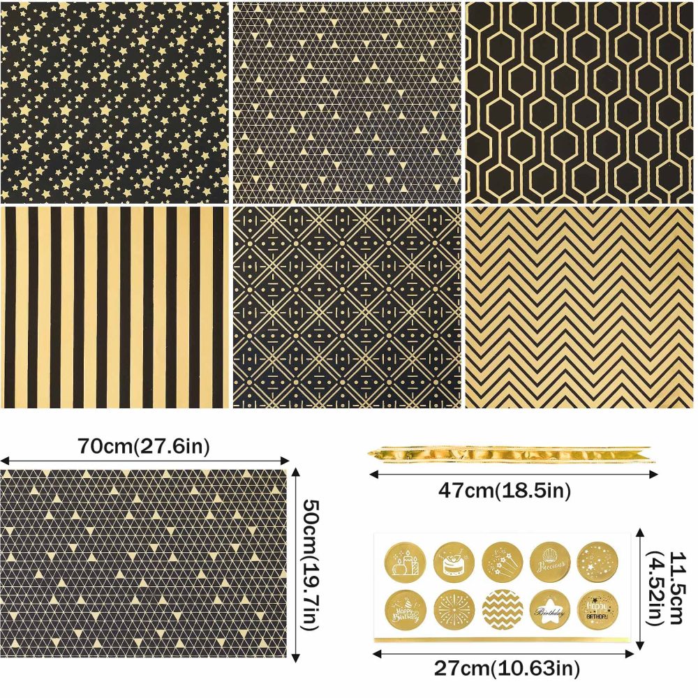 Larcenciel Wrapping Paper, Black and Gold Birthday Wrapping Paper w/Bow & Sticker, 6 Foil Design Gift Wrap Set, Luxury Gift Wrapping Paper Sheet for Birthday, Christmas, Anniversary, New Year, 70x50cm - Image 3