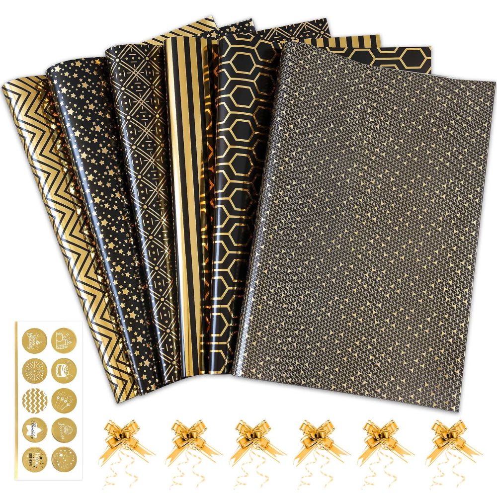 Larcenciel Wrapping Paper, Black and Gold Birthday Wrapping Paper w/Bow & Sticker, 6 Foil Design Gift Wrap Set, Luxury Gift Wrapping Paper Sheet for Birthday, Christmas, Anniversary, New Year, 70x50cm - Image 5