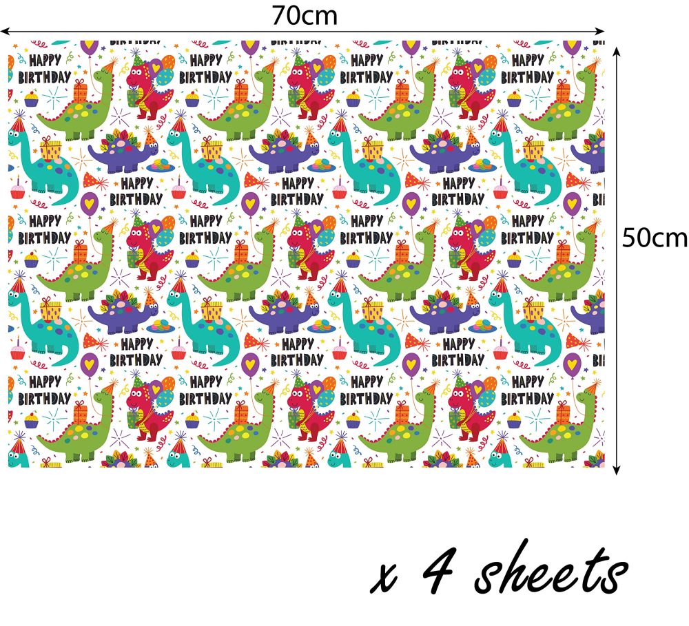 4 x Dinosaur Wrapping Paper Sheets 70cm x 50cm for Boys and Girls - Premium Recyclable Dino Gift Wrap for Kids Birthday. Made in the UK - Image 4