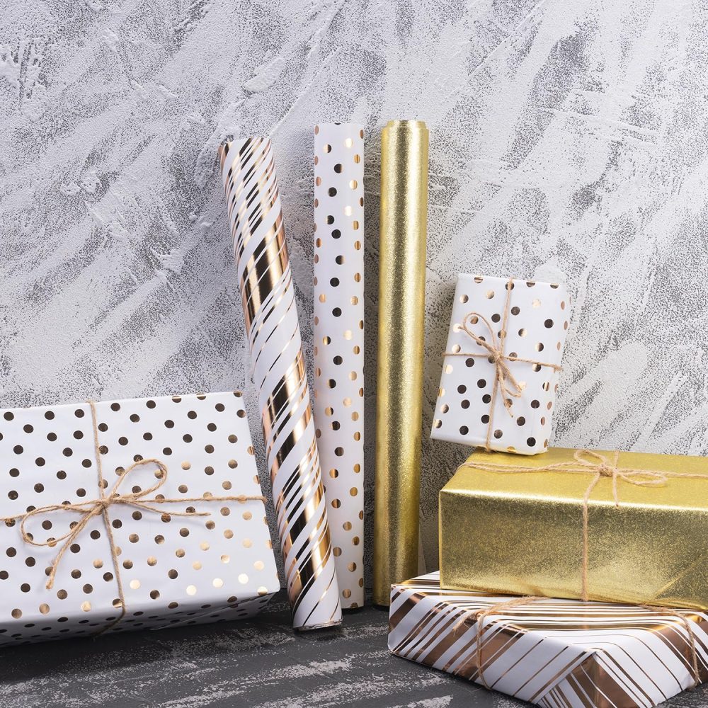 Wrapping Paper roll,3 Roll Gold Gift Wrapping Paper for Birthday Decoration- 43 cm X 3 m Per roll - Image 2