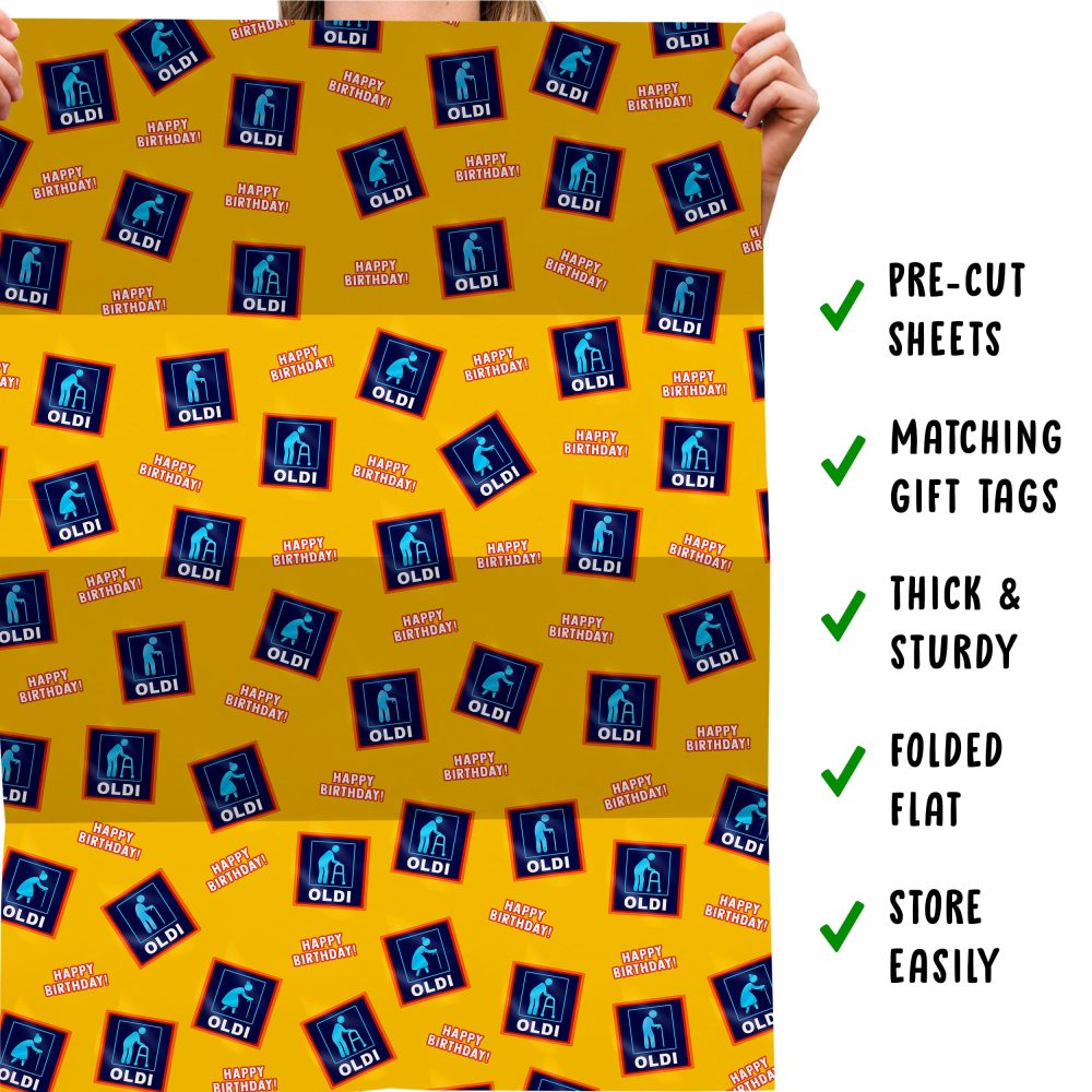 Funny Wrapping Paper - Oldi Wrapping Paper - 6 Sheets of Gift Wrap - 'Happy Birthday Oldi' - Blue Yellow - For Husband Wife - Mum Dad - Recyclable - By Central 23 - Image 4