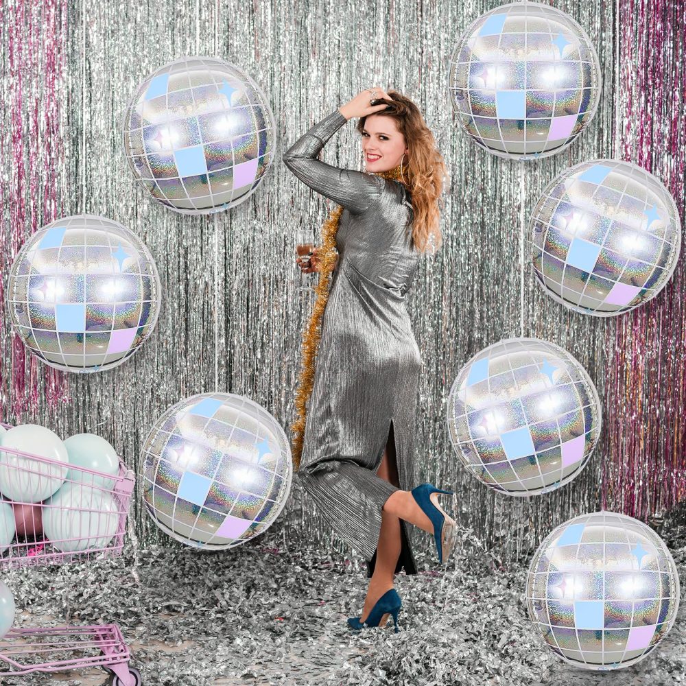 6Pcs Disco Ball Balloons Iridescent,22Inch Glitter Silver 4D Large Aluminum Foil Disco Balloons for Birthday Bachelorette 70s 80s 90s Disco Theme Party Decorations - Image 4