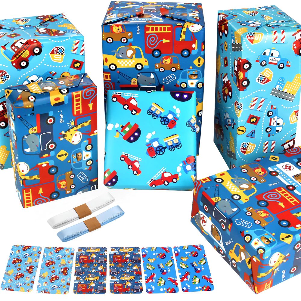 Wrapping Paper for Kids Boys Birthday Wrapping Paper Sheets with Police Car Fire Trucks Crane Ambulance Giraffe Elephant Gift Wrapping Paper Children Birthday Gift Wrap Set Birthday Paper, Tag Ribbion