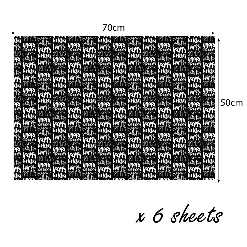 6 x Eco Happy Birthday Wrapping Paper Sheets - Premium Recyclable Black and White Wrapping Paper 70cm x 50cm. Eco Friendly 100% Recycled Gift Wrap (6-pack) - Image 3