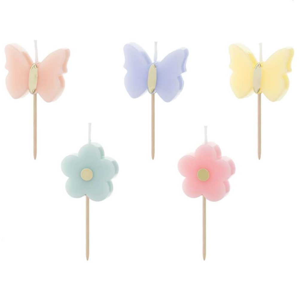 Pack of 5 Butterfly & Flower Birthday Cake Candles | Pastel Theme Coloured Cake Decorations | Assorted Colours - Image 3