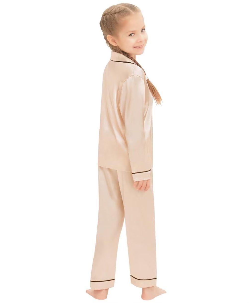 SWOMOG Family Matching Pyjamas Set Silk Satin Button Down Sleepwear Long Sleeve Nightwear 2 Pcs Pj Set Family Champagne 110 - Image 4